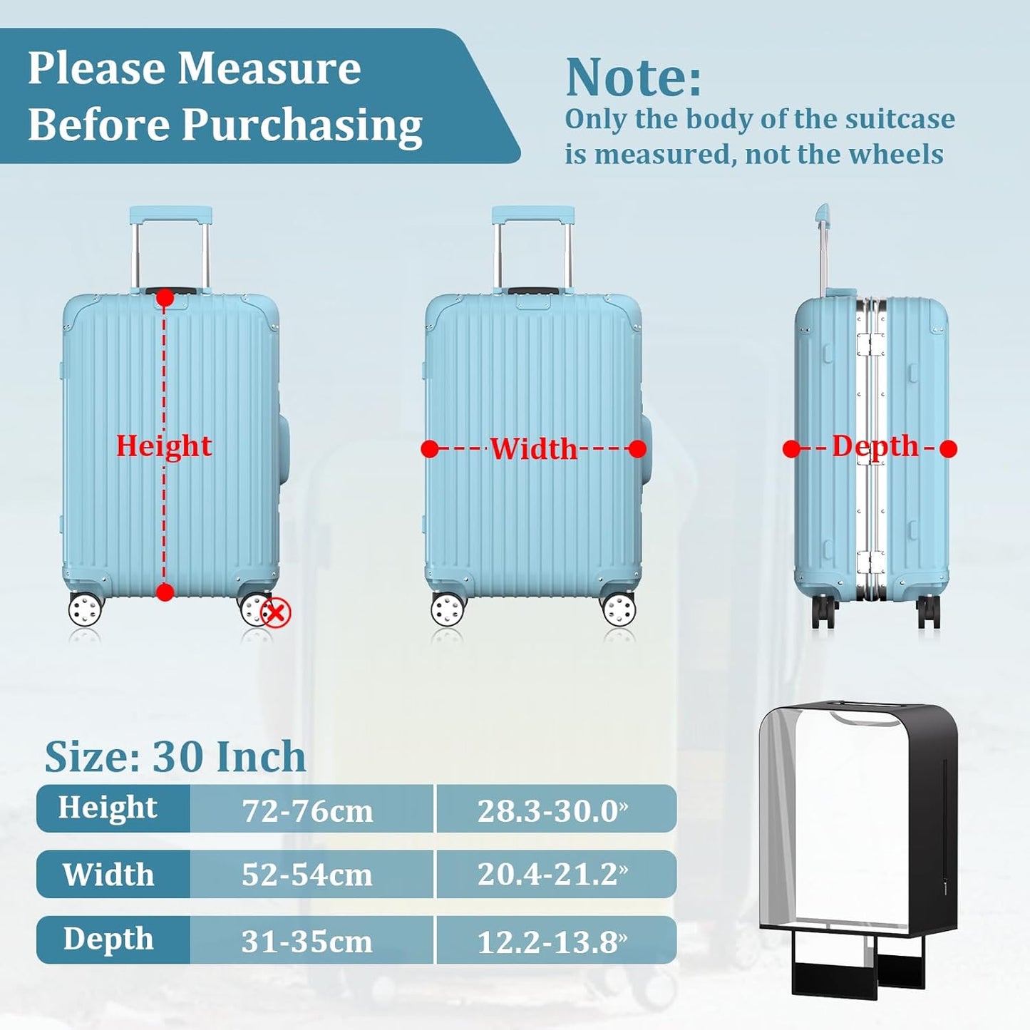 Upgraded Clear TPU Luggage Cover Protector with Black Stretchable Sides, Fit 30 Inch Travel Suitcase TSA Approved, Waterproof & Anti-Scratch, Includes Free Red Luggage Tag