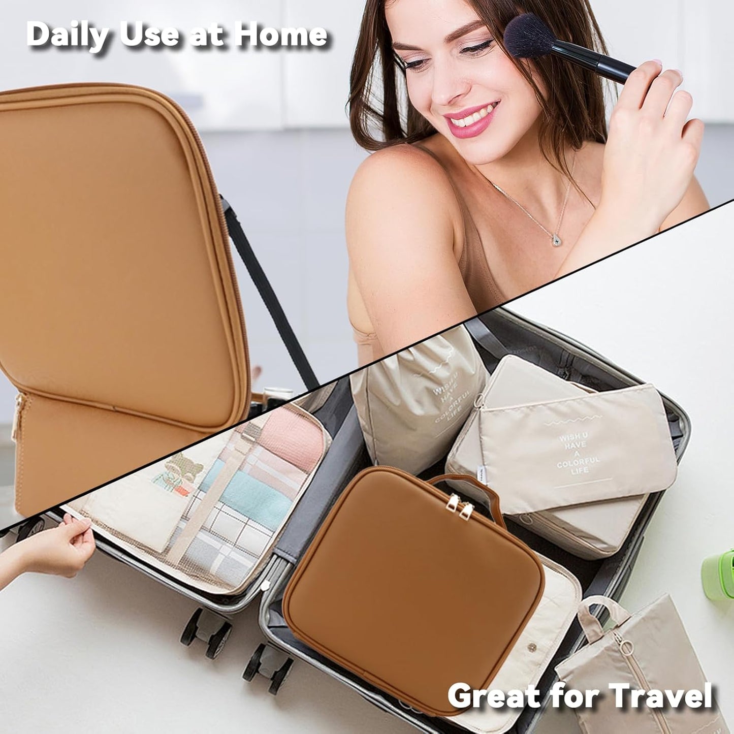 Travel Makeup Bag with LED Mirror and 10x magnifying glass with 3 Lighted Settings, Adjustable Dividers and Makeup Brush Storage Bag Brown