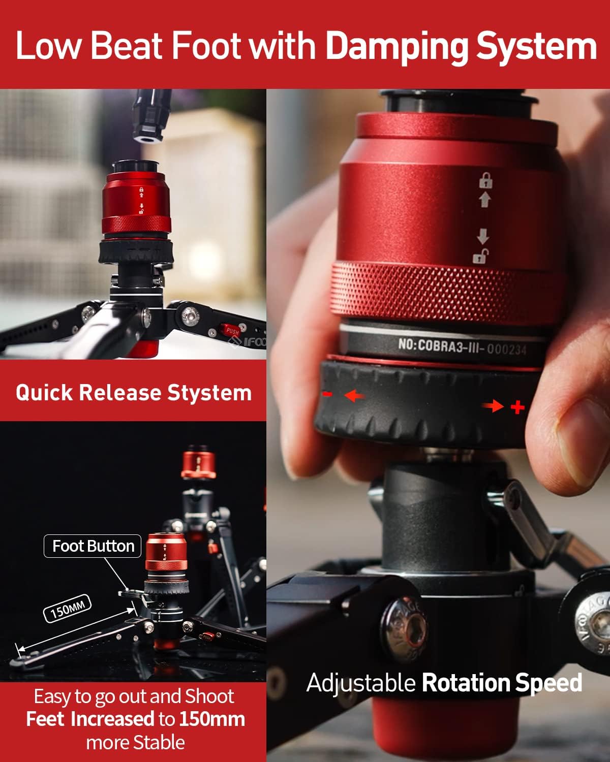 IFOOTAGE Cobra 3 Monopod with Pedal C180F-P with Fulid Head K5S,Carbon Fiber Monopod for Camera,DSLR,Minipod Base-P Pedal Lock Design Tripod,Payload up to 17.6lbs/8KG,Max. Height 71"/180cm