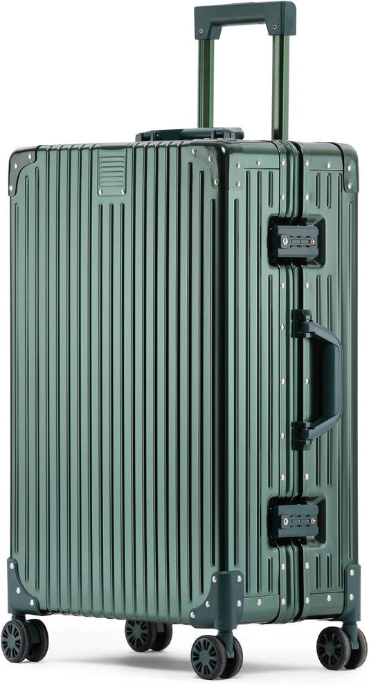 Metal All Aluminum Carry-on Luggage TSA Customs Lock Zipperless Silent Rotary Wheel Business Suitcase Aluminum Frame Set (dark green, 20 '')