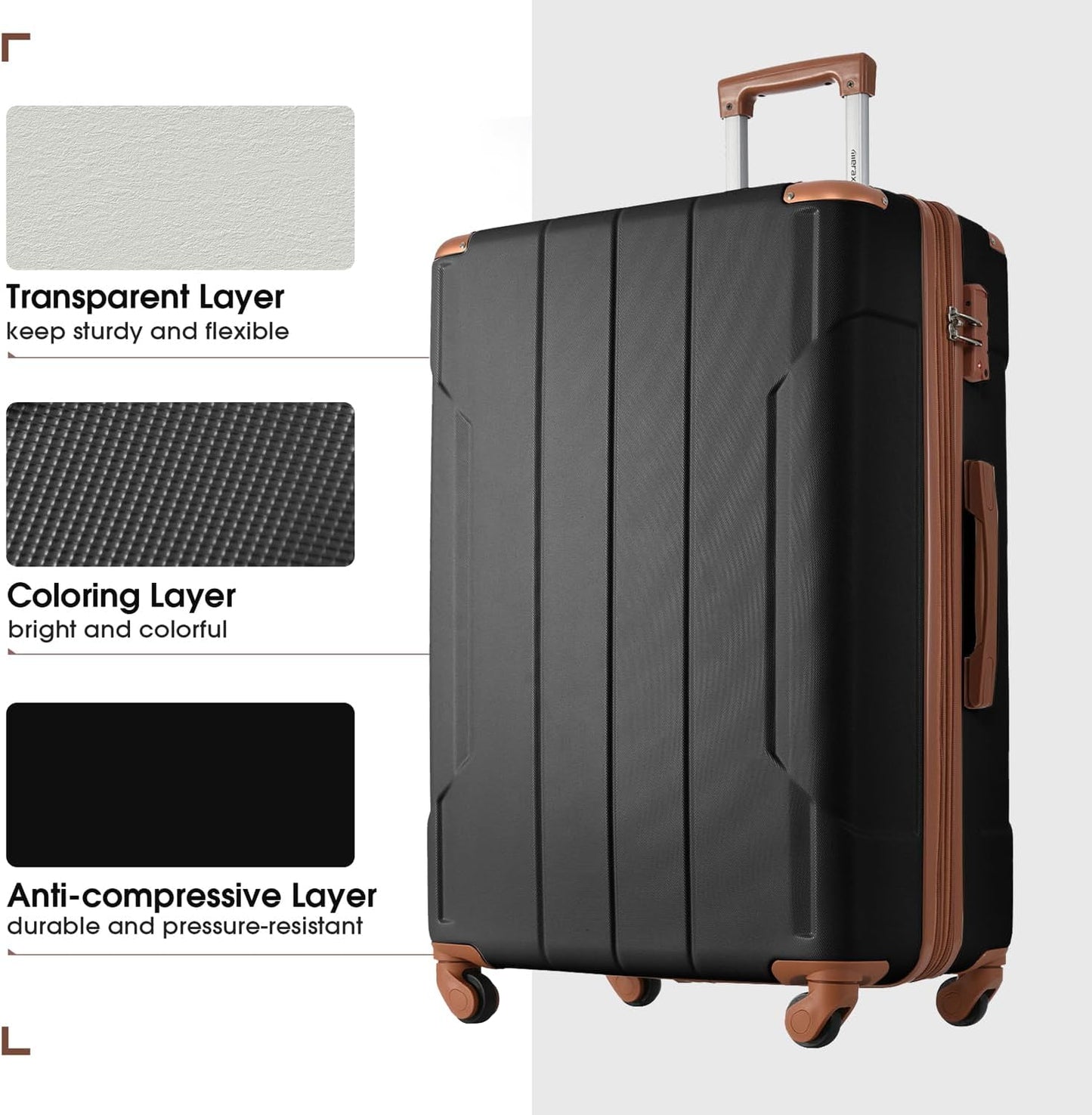 Merax Luggage Set 3 Piece Expandable Lightweight Spinner Suitcase with Corner Guards (Black brown, 20/24/28)