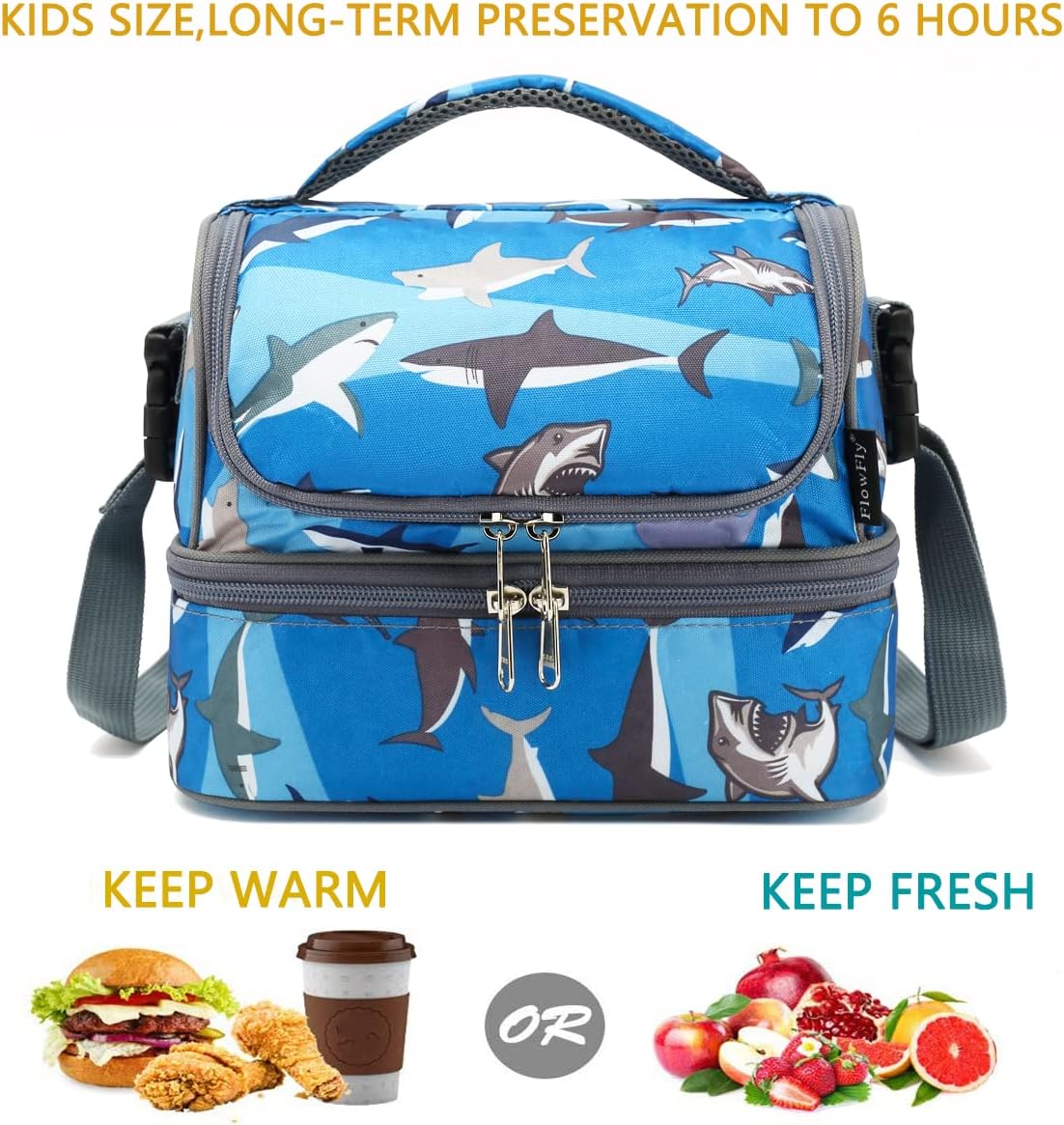 FlowFly Kids Double Decker Cooler Insulated Lunch Bag Large Tote for Boys, Girls, Men, Women, With Adjustable Strap, Shark
