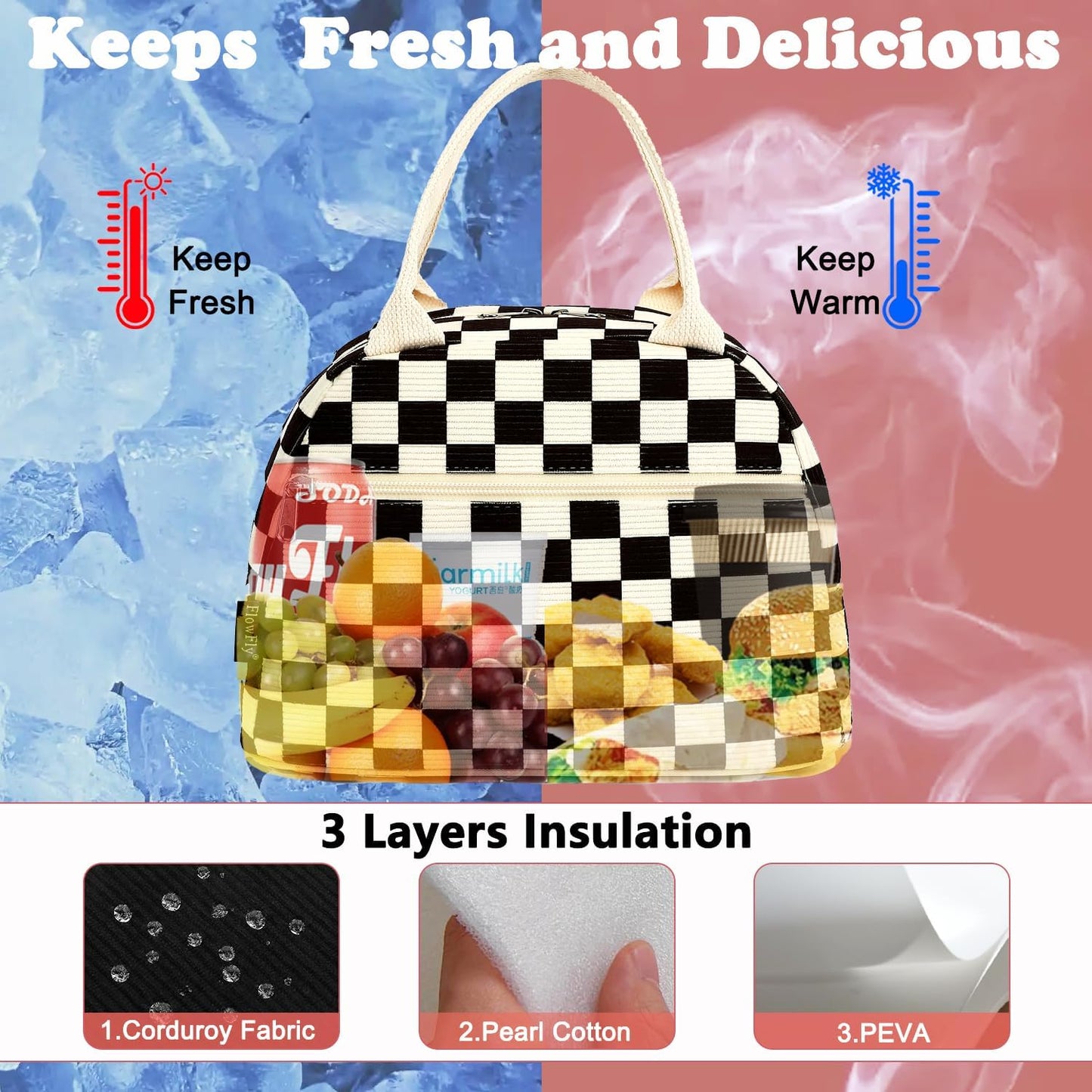 FlowFly Lunch Bag for Women Insulated Lunch Box Corduroy Lunch Tote Cooler for Travel Work Picnic,Corduroy Plaid Black