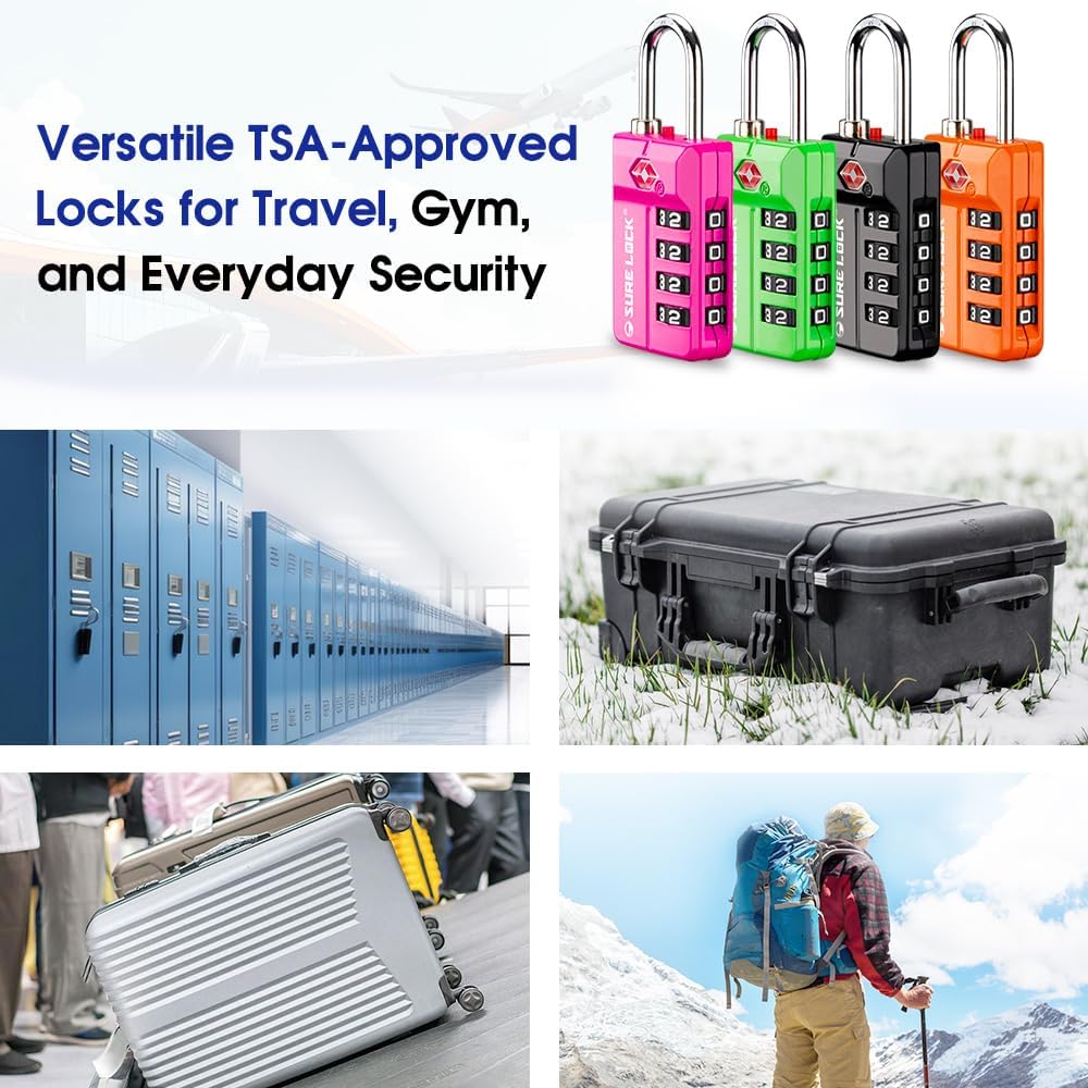 SURE LOCK TSA Approved 4-Digit Resettable Combination Luggage Lock with Open Alert, Easy-Read Dials - for Luggage, School Lockers, Gym, Office, Toolbox & Security Cases (Black 1 Pack)