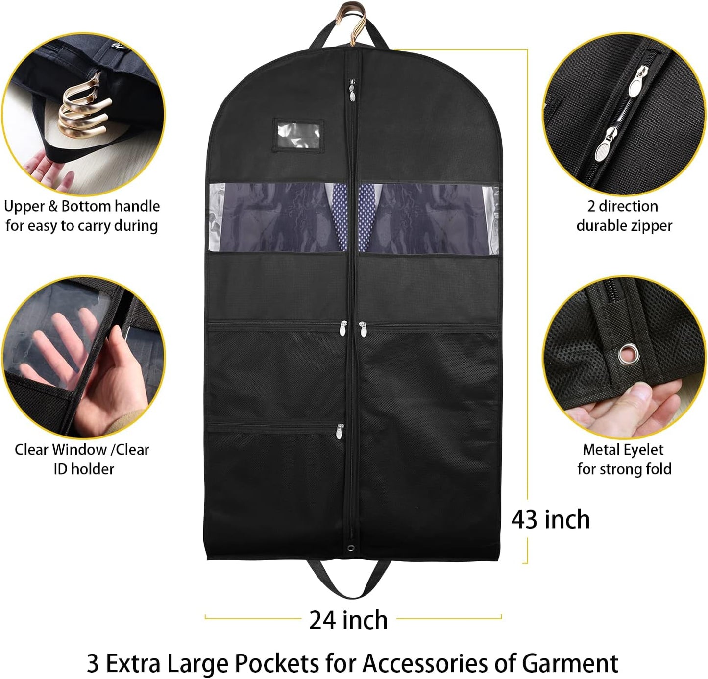 Garment Bags for Travel, 2 Pack 43" Hanging Garment Bags for Men, Double Sides Zipper & 3 Large Mesh Pockets, Garment bag for Traveling Monogrammed Closet Clothes Storage