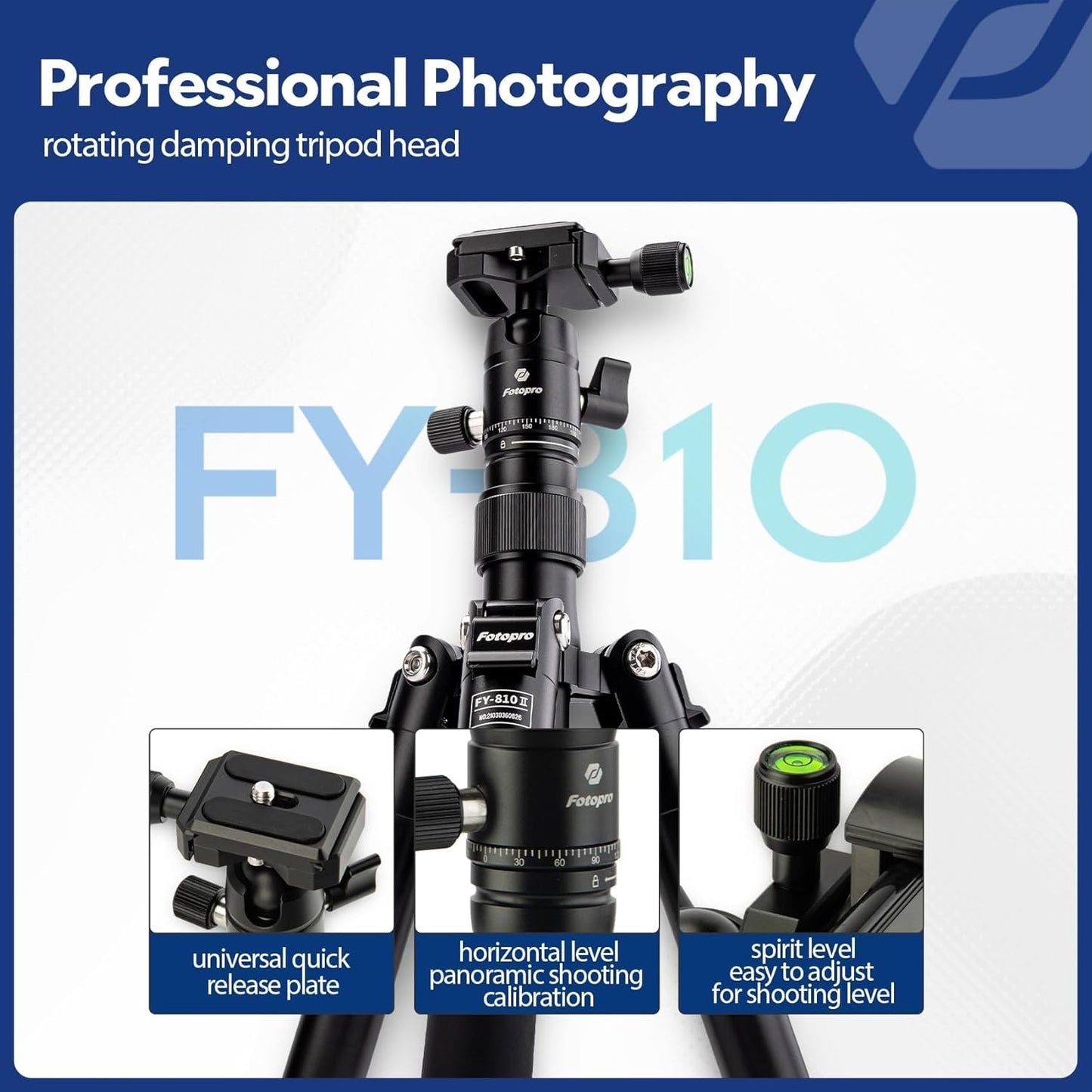 Fotopro Mini Tripod with Ball Head, Phone Mount Detachable Selfie Stick, Folded only 8.6", Max Load up to 6.6 lbs. FY-810 Blue