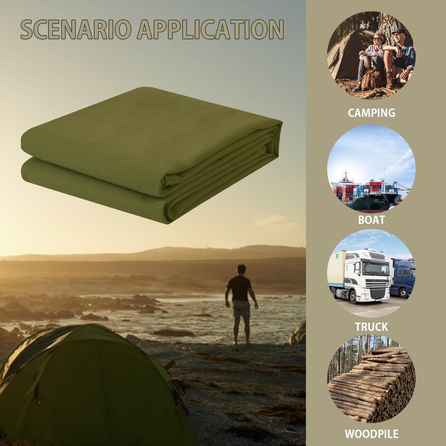 FoundGo Canvas Tarp 10x20ft Heavy Duty Waterproof Tarps with Grommets, UV Resistant, 22 Mil Tarpaulin,14 oz Durable Cloth Covers for Car, Roof, Boat, Camp, Canopy, Woodpile with Ropes-Moss