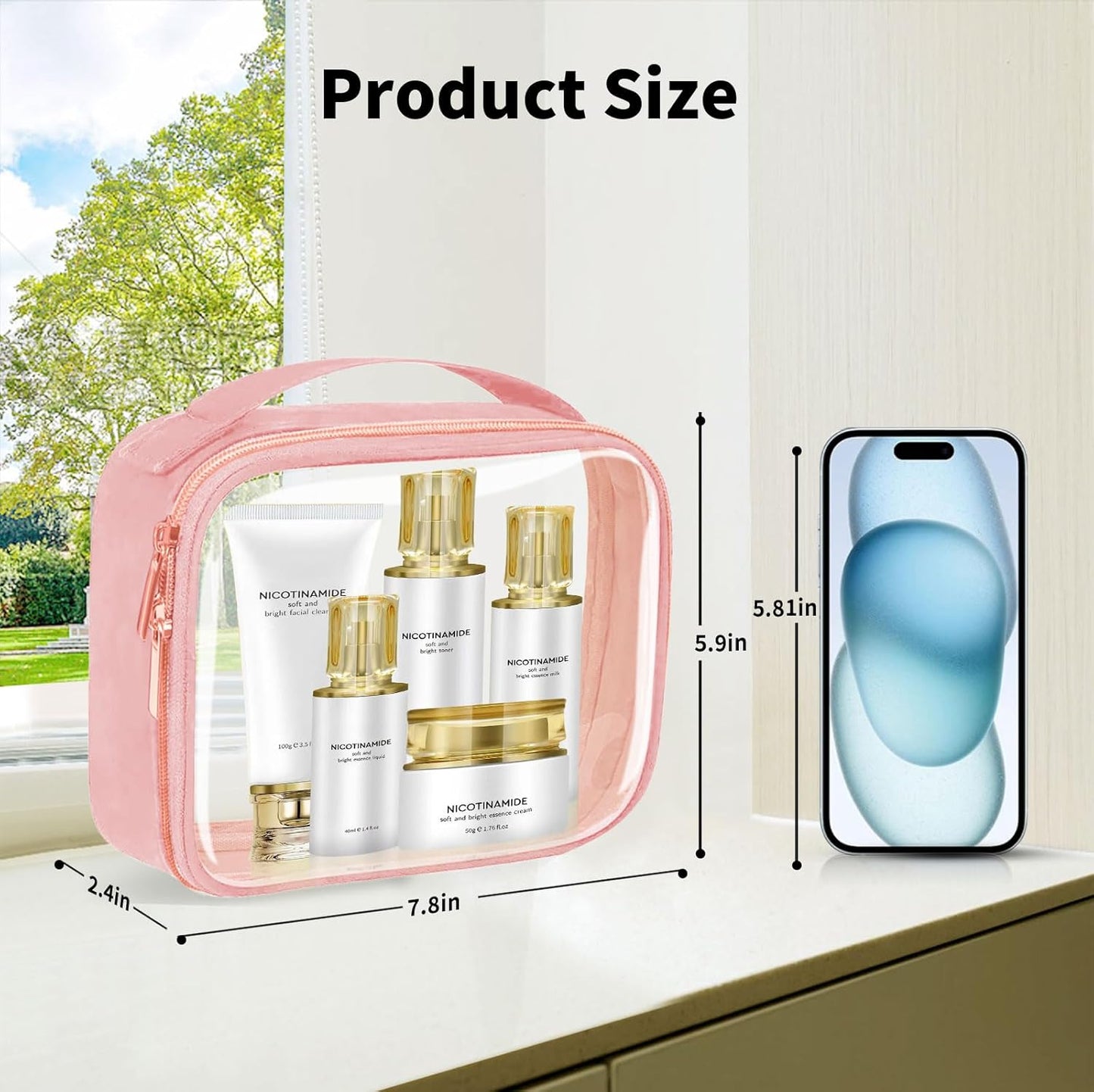 TSA Approved Travel Toiletry Bag,2 Pack Clear Makeup Bags with Handles,Quart Size Clear Cosmetic Bags for Traveling Women,Men,Carry on Airport Airline Compliant Bag,Pink