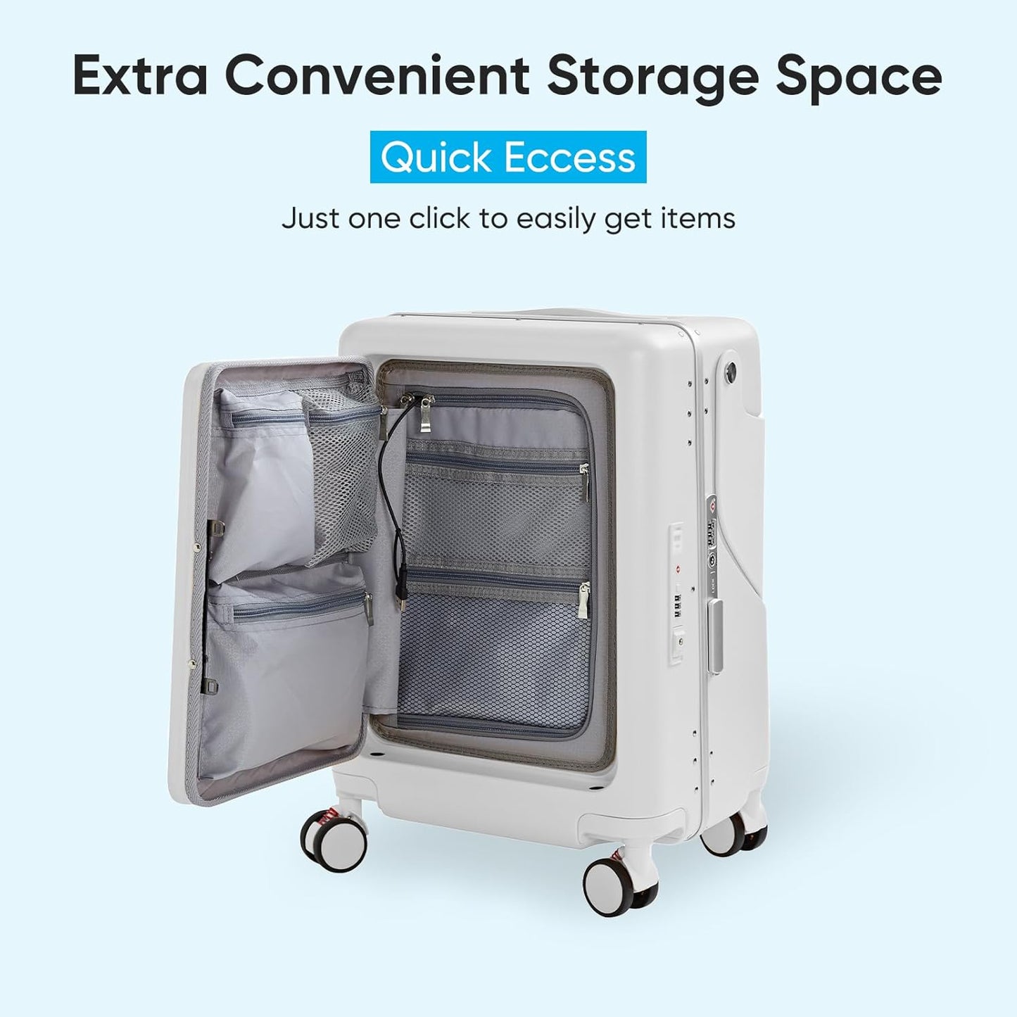 TABU 20" Ride-on Luggage with Seat，Front Opening Carry-On Hardshell Ride On Suitcase with Built-in Charging Port, 360° Lockable Spinner and TSA Lock, for Kids & Adults, White
