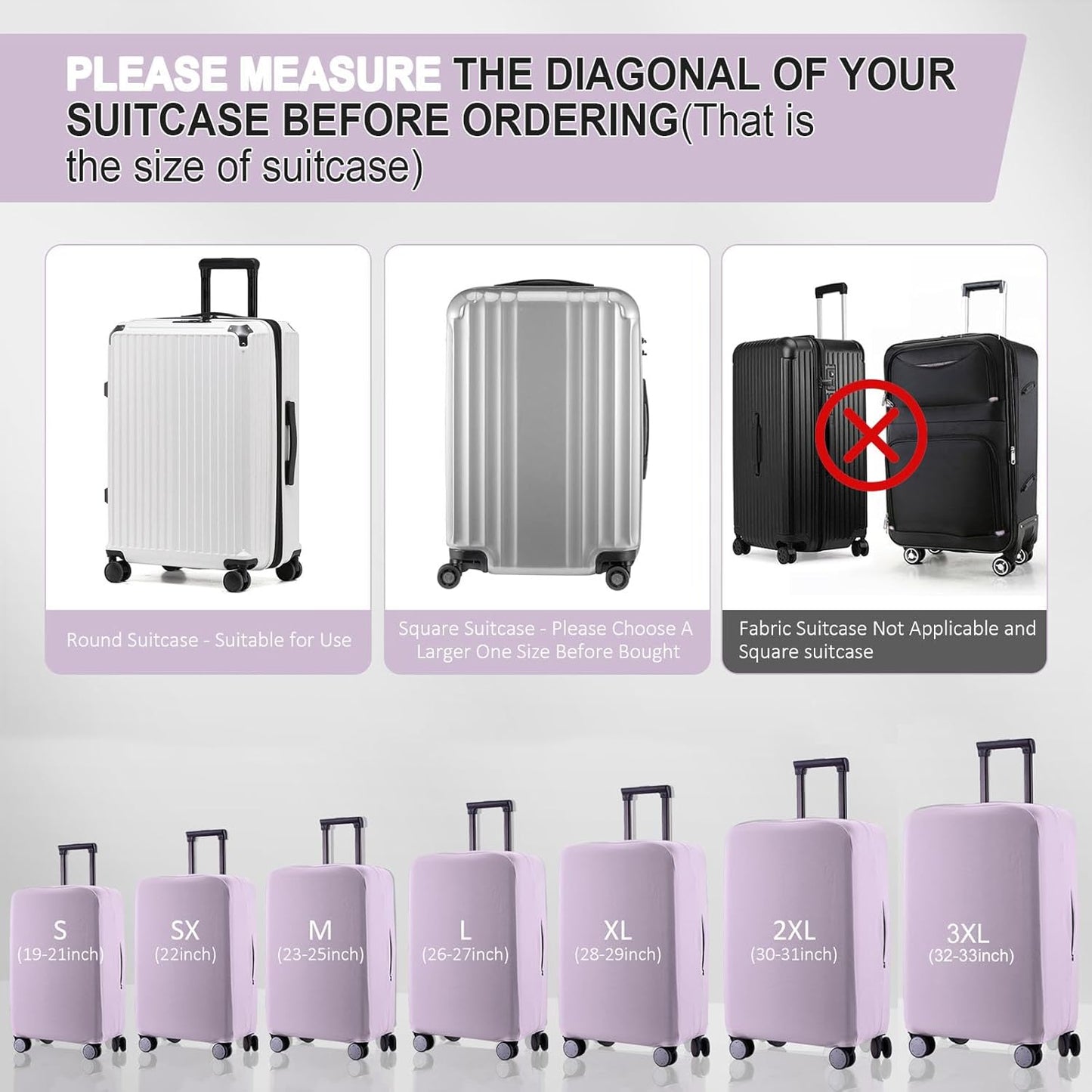 Travel Luggage Cover Protector Scratch-Resistant Fit 19-31 Inch Suitcase, Not Included Suitcase (Lavender Purple, SX(22-23 inch))