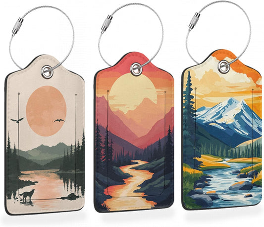 Vintage Mountain Flow 3 Pack Luggage Tags for Suitcases, Sunset Range PU Leather Luggage Tag for Travel, Bag Tags with Privacy Name ID Card and Steel Loop for Women Men