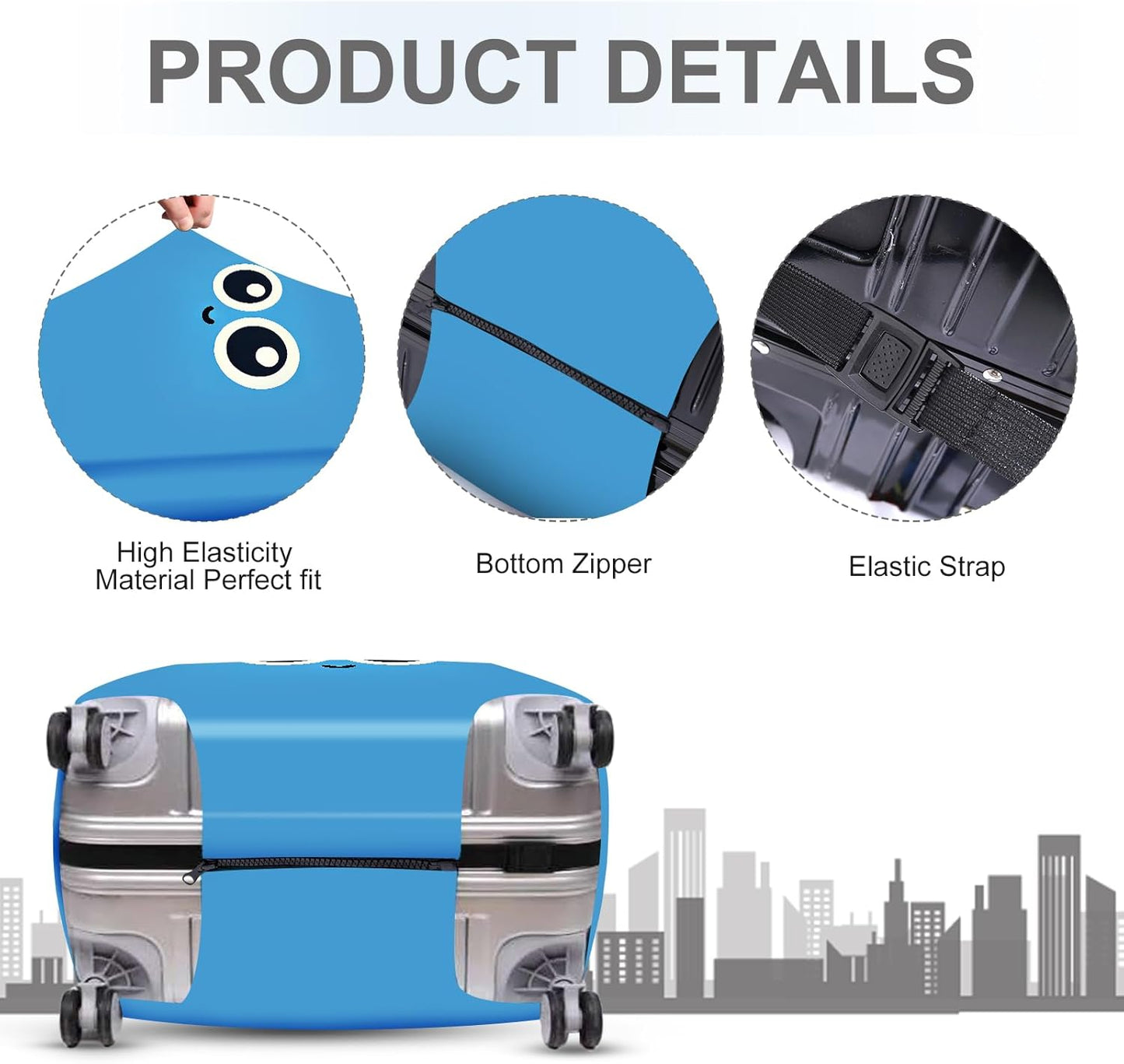 ANNA QUEEN Cute Smiley Face Luggage Cover, Blue Cartoon Suitcase Protector with Big Eyes Design, Stretchable, Washable Travel Cover for 32-34 Inch Luggage