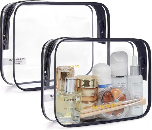 BAGSMART Clear Toiletry Bag, 2 Pack TSA Approved Travel Toiletry Bag Carry on Travel Accessories Bag Airport Airline Quart Size Bags Water Repellent Makeup Cosmetic Bag for Women (Black-2pcs)