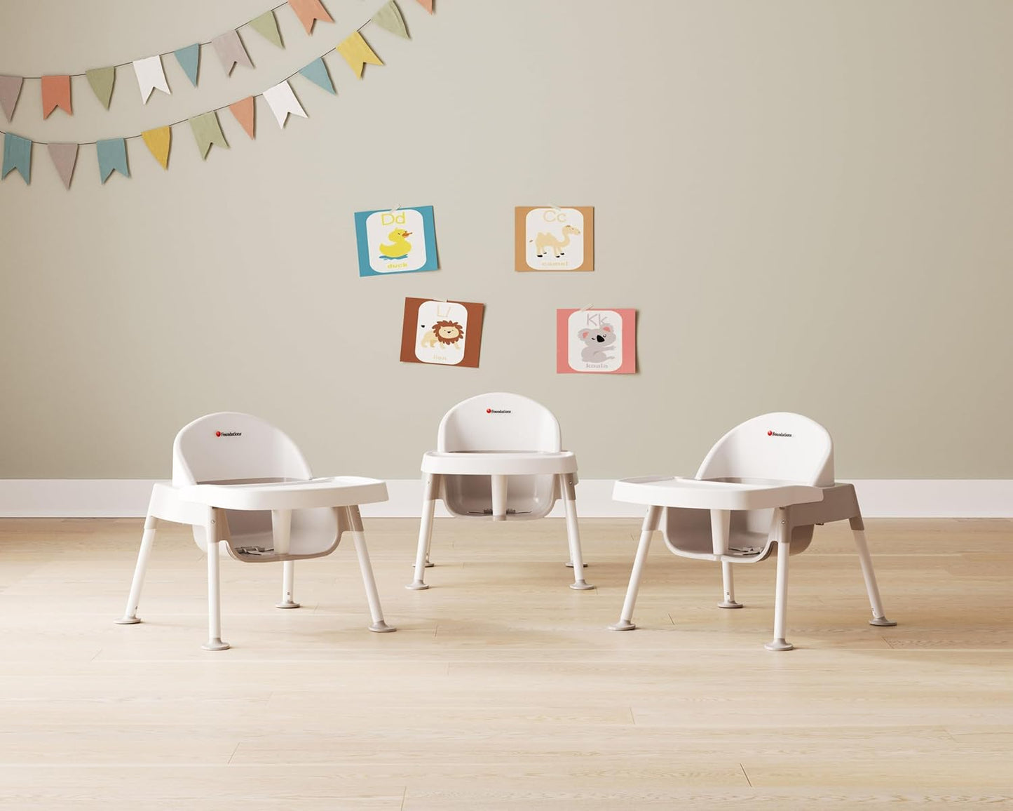 Foundations Secure Sitter Feeding Chairs Multipack, No-Tip Feet, 3-Point Adjustable Harness, Removable Tray, Easy to Clean, Stackable Feeding Chairs, 3 Pack (7 inch)