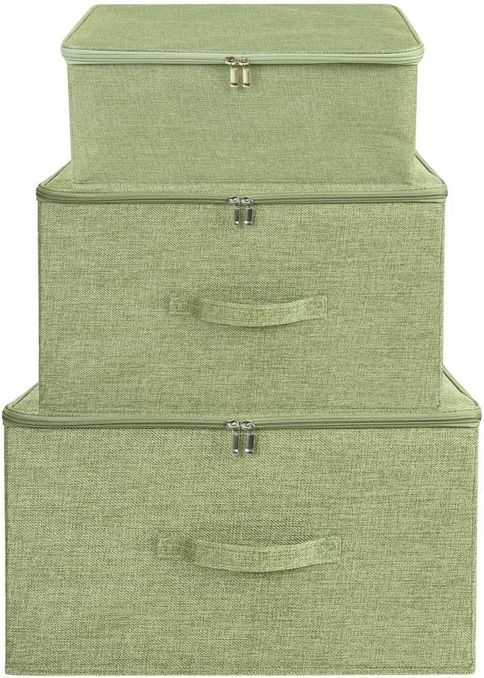 ANMINY Storage Bins with Zipper Lids 13 Qt Lidded Fabric Storage Boxes Baskets Cubes with Handles Collapsible Washable Cotton Linen Closet Shelf Clothes Organizer Containers - Green, Small