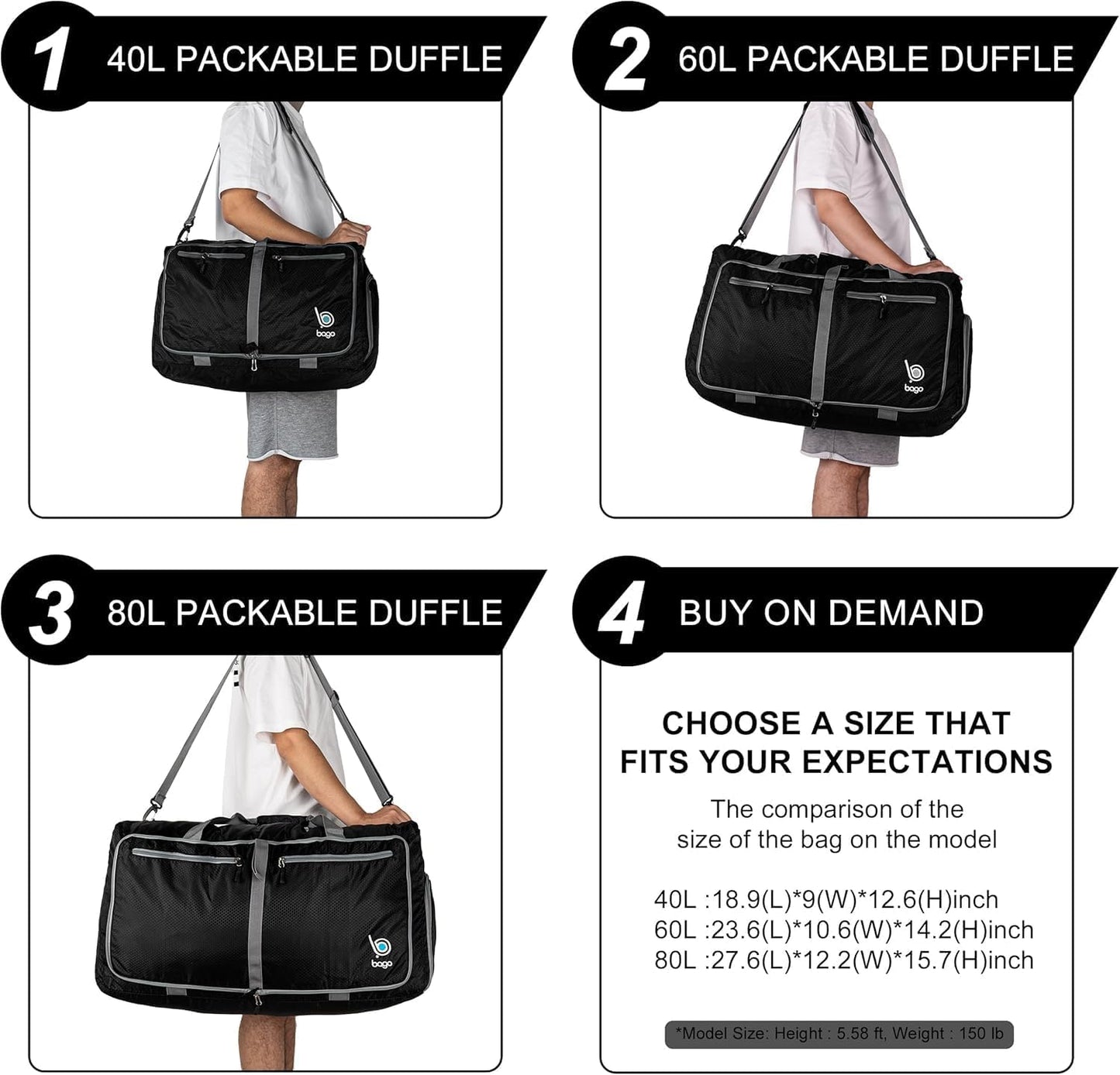 Bago Foldable Duffel Bags for Traveling Women & Men - 40L Sports Packable Duffle Bag for Travel with Shoe Compartment - Water Repellant, Heavy Duty, Lightweight Folding & Collapsible (SnowGray)