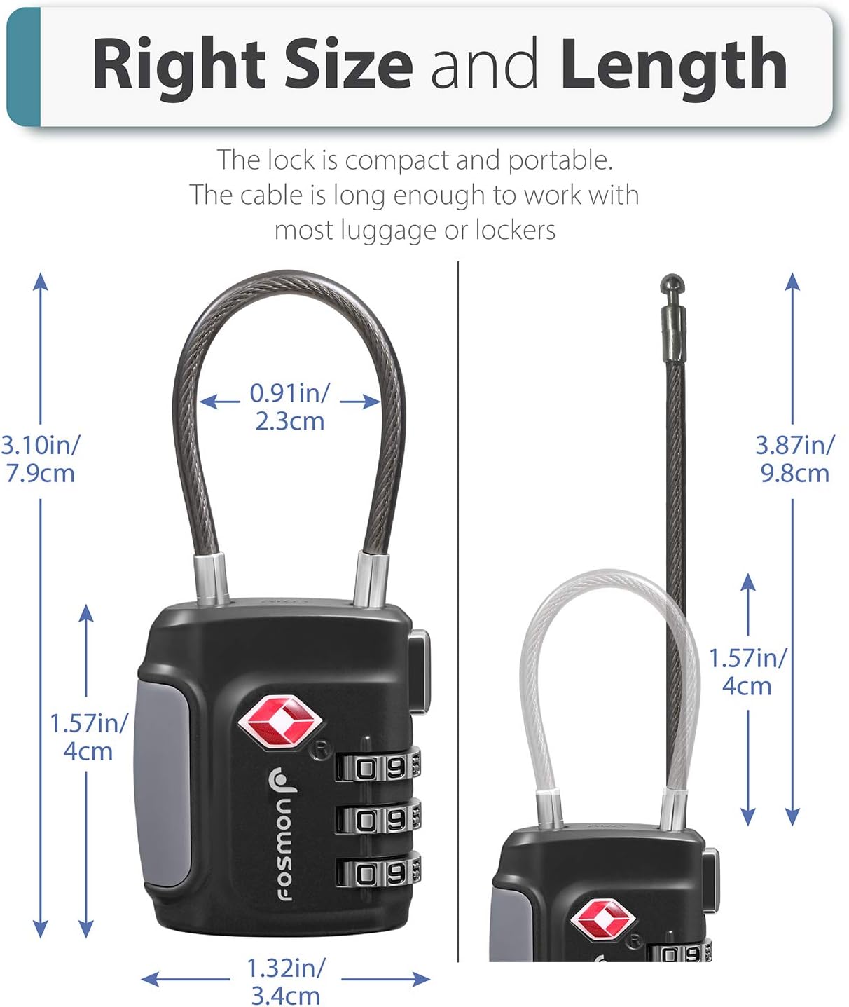 Fosmon TSA Approved Luggage Locks, Cable Suitcase Travel Lock, 3 Digit Long Shackle Combination Padlock, Wire Lock for Gym Locker, Backpack Anti Theft