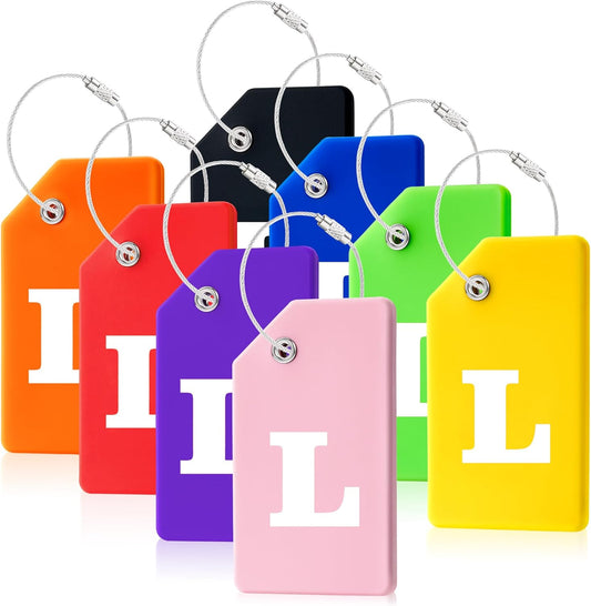 8 Pcs Luggage Tags for Suitcases, 26 Initial Letter Travel Luggage Baggage Identification Labels ID Tags Fully Bendable Tags with Stainless Steel Loop (Letter L, Colorful)