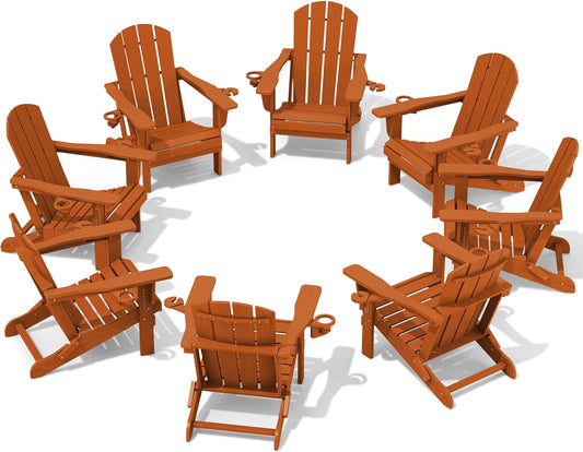 SERWALL Adirondack Chair with Cup Holders - Composite Adirondack Chairs Set of 8 HDPE Outdoor Chairs All Weather Use- Orange