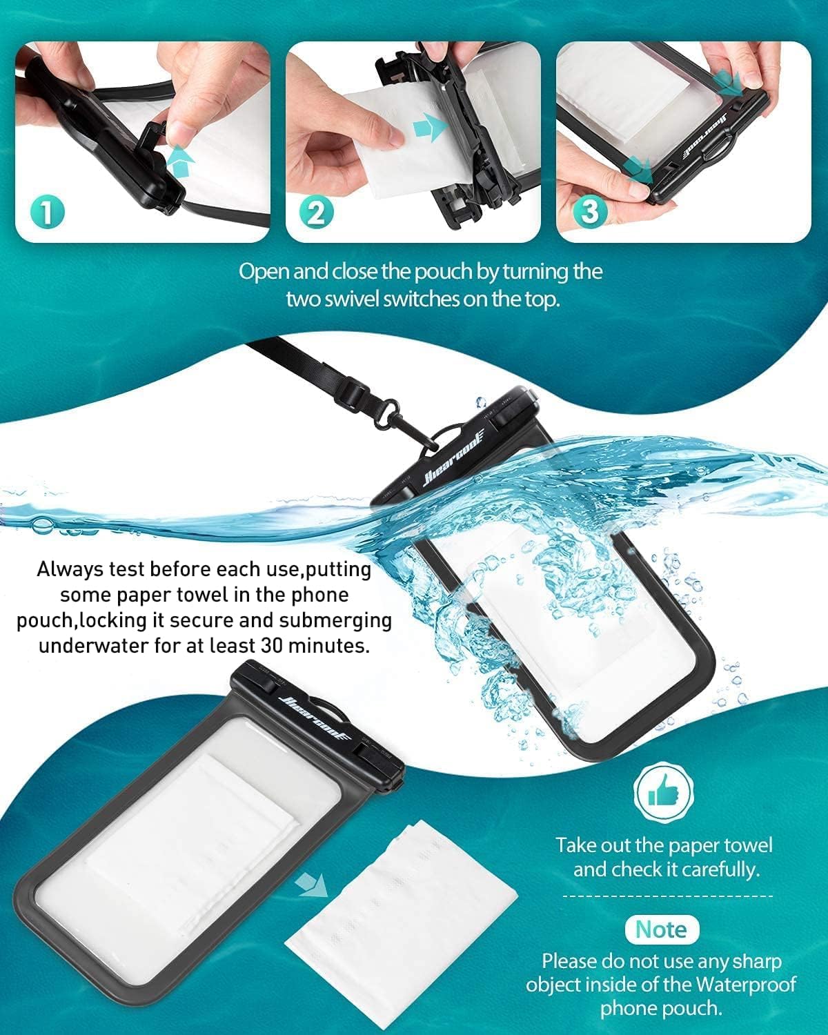 Hiearcool Waterproof Phone Pouch,Universal Waterproof Phone Case Dry Bag Travel Essentials for iPhone, Beach Accessories for Vacation Must Haves - Black&Navy-2 Pack