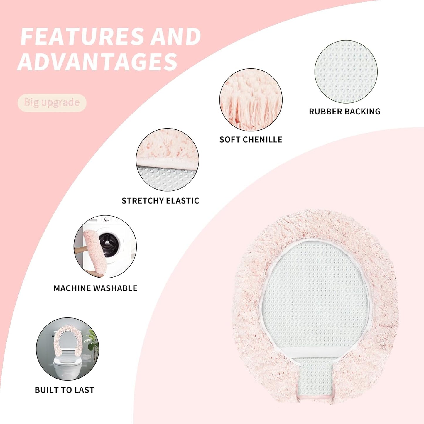 Microfiber Elongated Toilet Seat Cover 19.5"x 15" Machine Washable Solid Toilet Lid Cover Adjustable Rubber Backing Fits Most 18-19.5" L x 14-16" W Elongated Toilet Seat