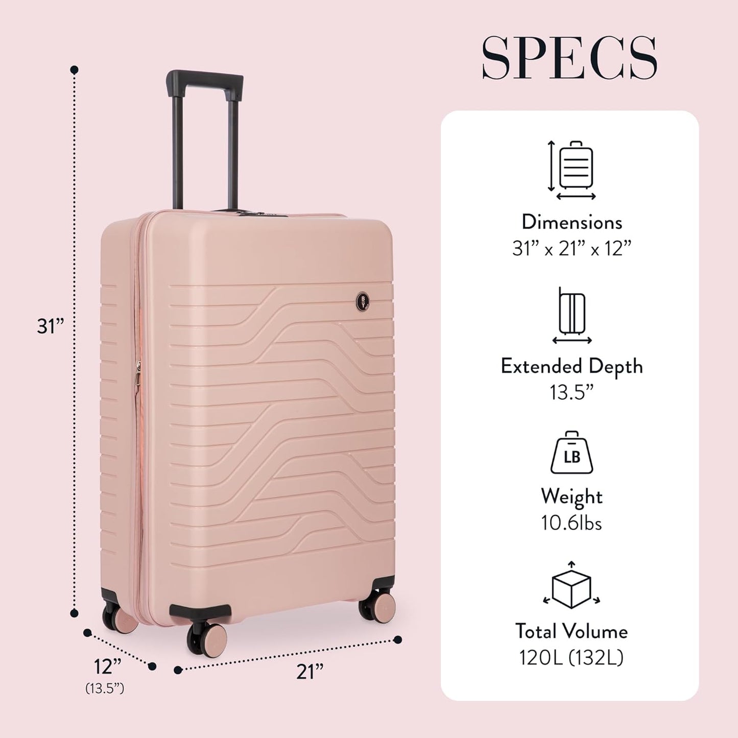 Bric's B|Y Ulisse Spinner Suitcase, Expandable Hard Shell Luggage with TSA Lock and Smooth 360° Wheels 28" – Pearl Pink