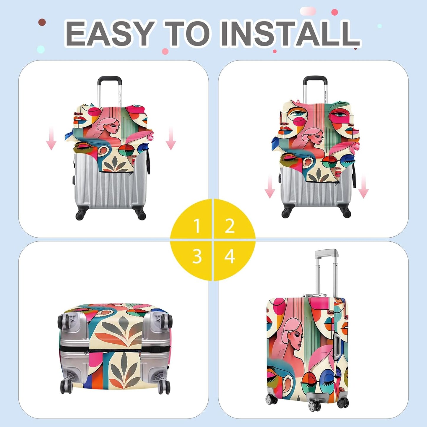 ANNA QUEEN Modern Art Fashion Luggage Cover, Stylish Abstract Woman Suitcase Protector, Washable, Stretchable Travel Sleeve for 24-26 Inch Luggage, Trendy, Colorful Design