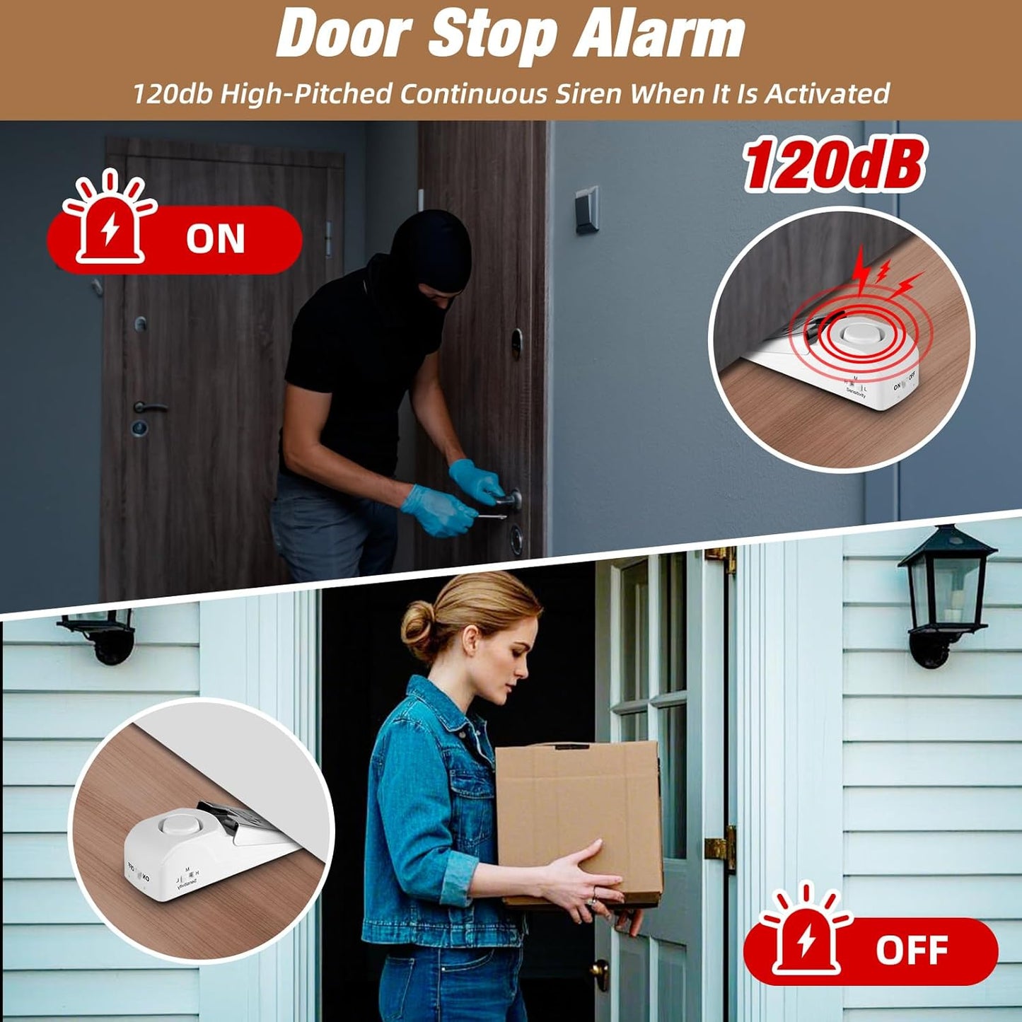 2 Pack 120dB Travel Door Stopper Alarm & Portable Door Lock, 3-Level Sensitivity Adjustable Travel Security Wedge for Hotel Home Apartment Dorm