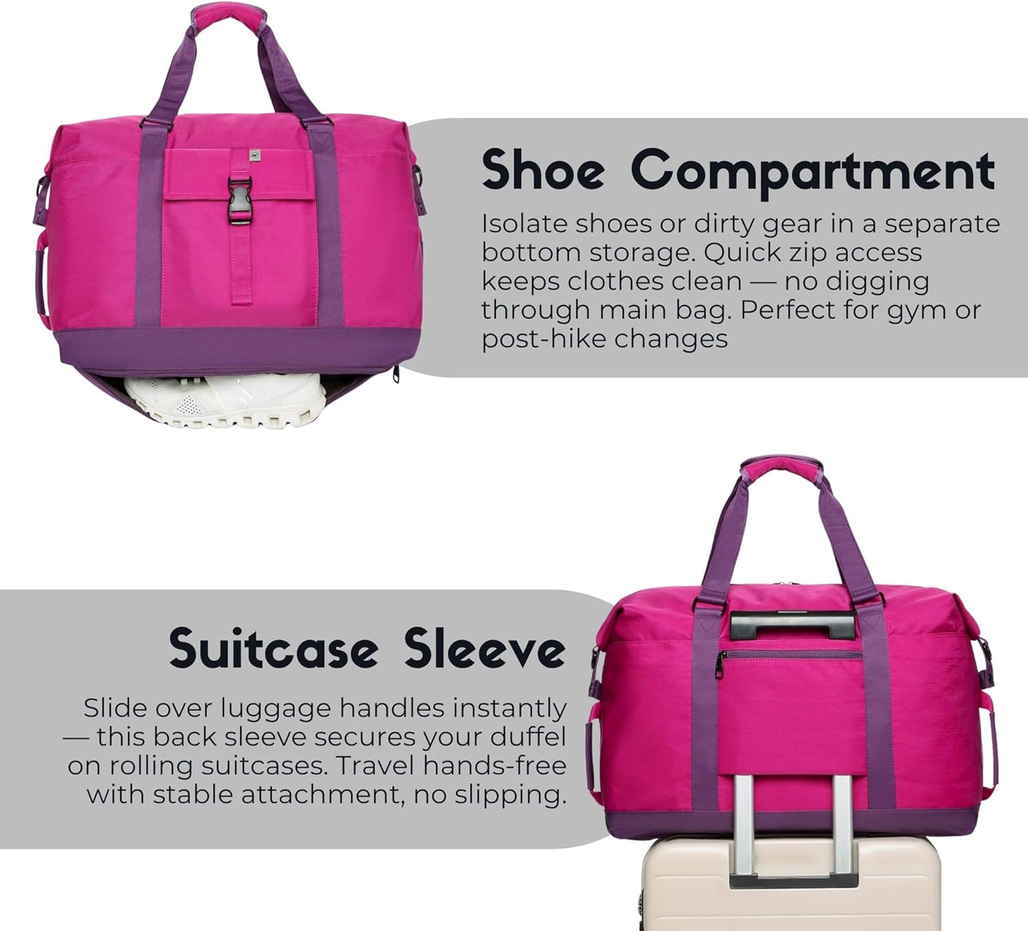 SUNNY BIRD Duffel with Utility Pouch, 40L Weekender Overnight Bag with Shoe Compartment for Travel and Sports (Purple)