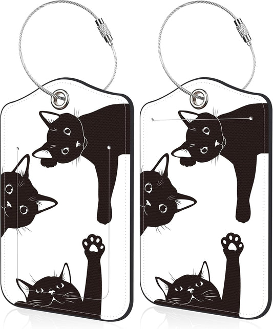 Luggage Tags for Suitcase Black Cats 2 PCS Leather Travel Luggage Tag with Stainless Steel Loop Name ID Label Privacy Cover for Women Men Travel