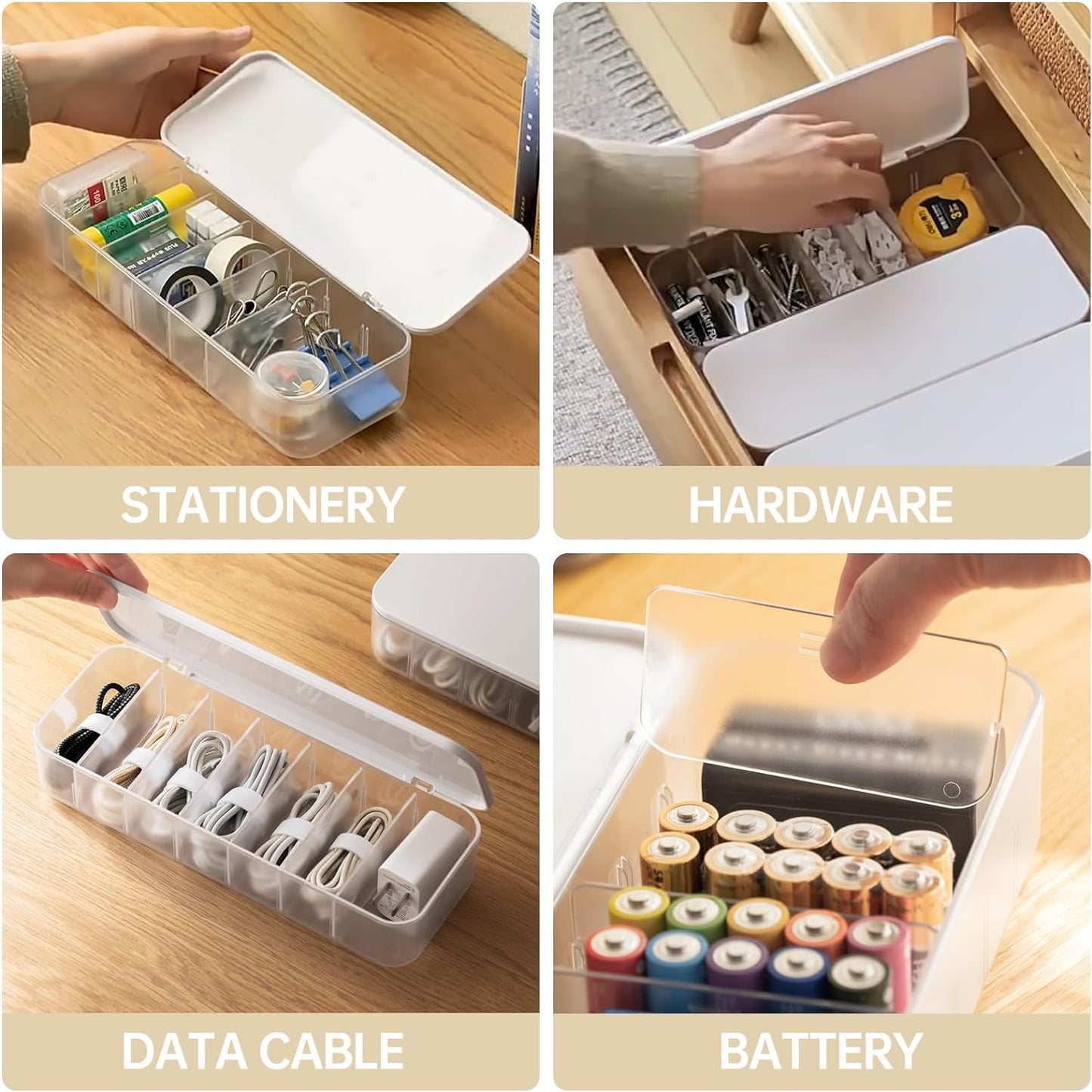 2 Pcs Cable Organizer Storage Box with 14 Wire Ties,Desktop Cable Management Box with Lid,Power Cord Organizer for Office,Home,Desk Accessories Storage Stationery Supplies White