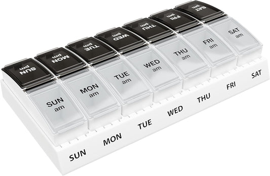 EZY DOSE Weekly (7-Day) Daily AM/PM Pill Case, Medicine Planner, Vitamin Organizer, Supplement Container, Small Pop-out Compartments, Designed for Travel, 2 Times a Day, Black and Clear Lids