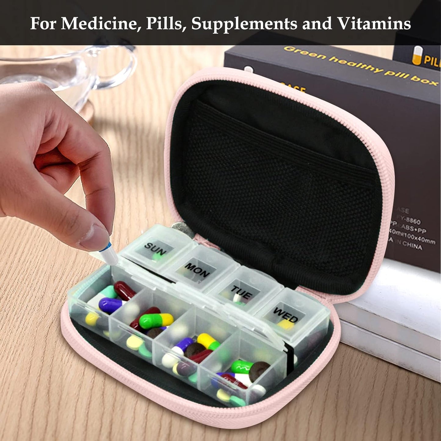 Serfeymi Weekly Travel Pill Organizer Pill Case for Purse with Removable 7 Day Pill Box, Fashionable Travel Medicine Organizer Pill Container for Medicine, Vitamin, Supplement - Pink 03