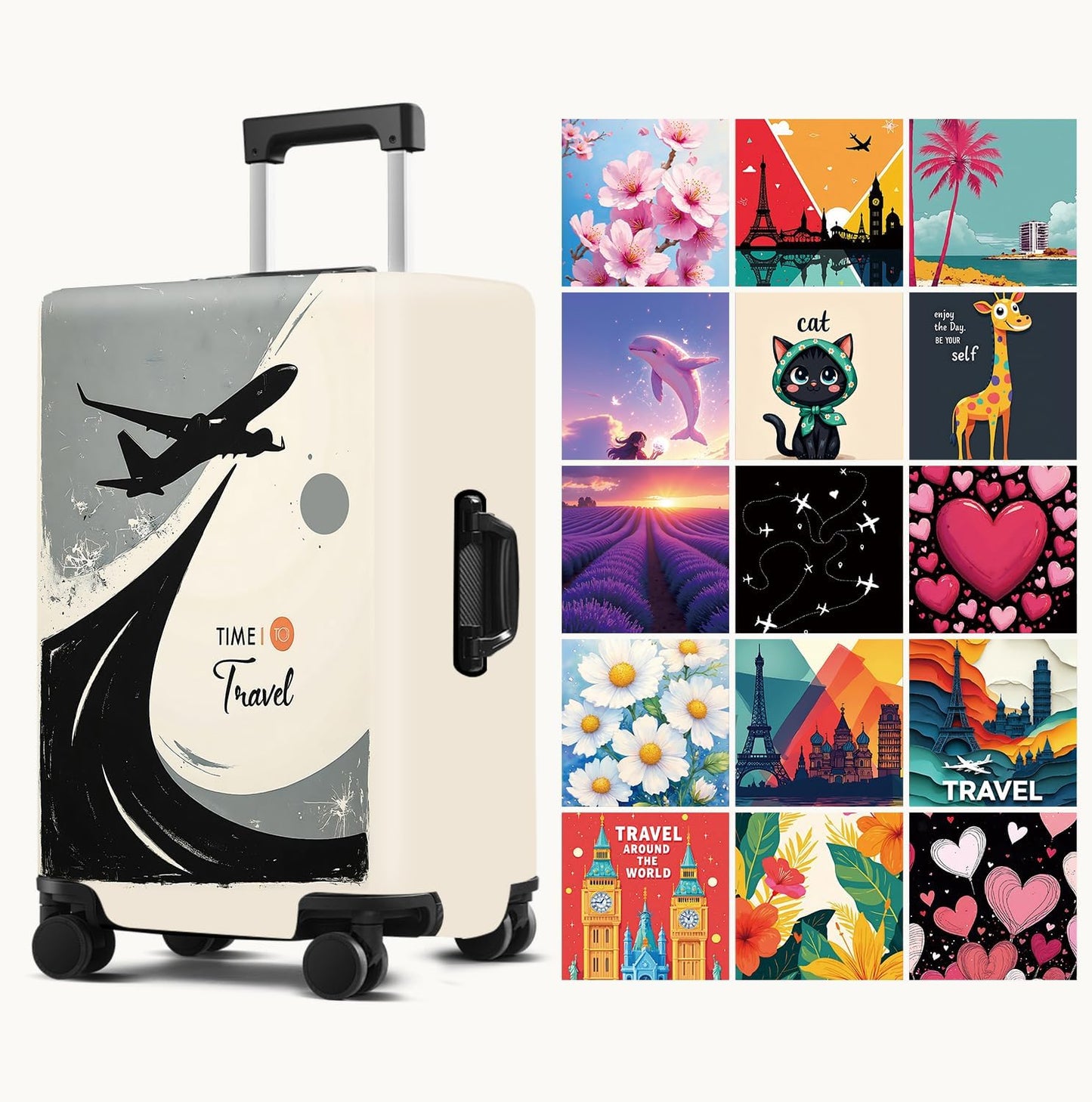 Suitcase Cover with Time to Travel Design, Luggage Protector, Fit for 24-26Inch Luggage Durable Travel Bag Cover with Zipper Closure