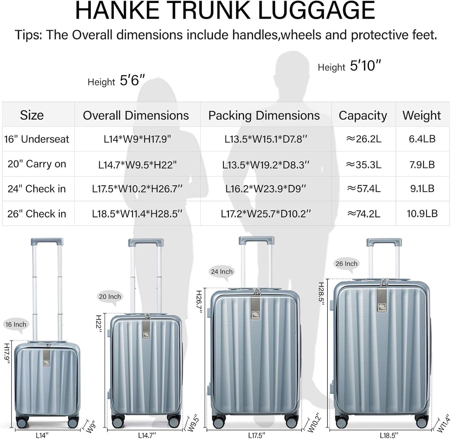 Hanke 20 Inch Carry On Suitcase PC Hardshell Luggage Top Open Aluminum Frame Rolling Suitcases with Wheels Travel Luggage for Woman Men Gifts.(Grey)
