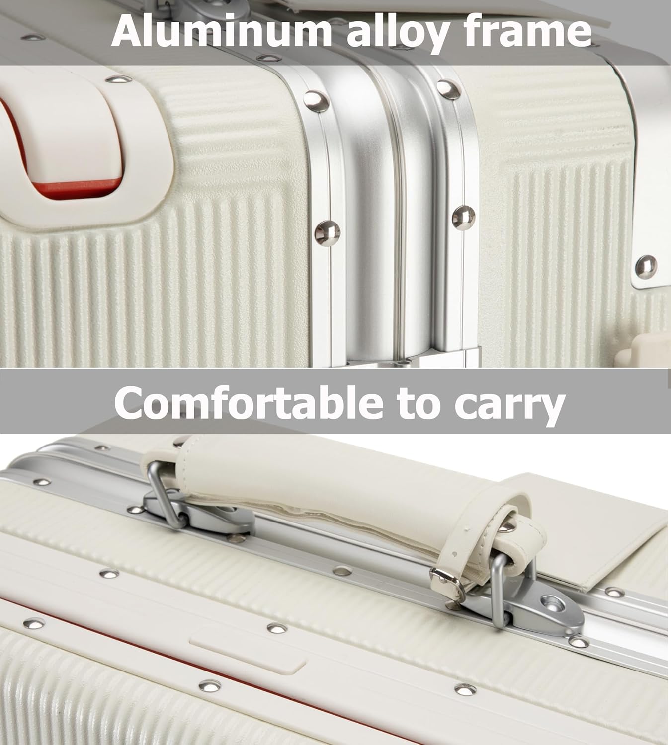 feilario 20'' Aluminum Frame Wide Handle PC Hardside Carry On Luggage - Double Spinner Wheels Luxury Rolling Travel Suitcase with TSA Lock & Cup Holder