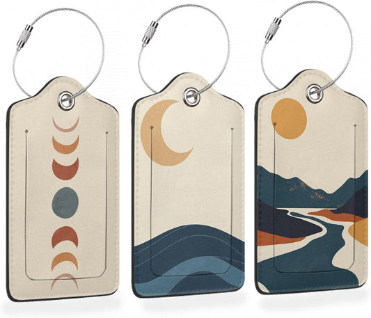 Minimalist Sunset PU Leather Luggage Tags for Suitcase, Modern Moon Travel Cruise 3 Pack with Privacy Flap, Name ID Label and Metal Loop for Women Men Girls Baggage Bag Backpack