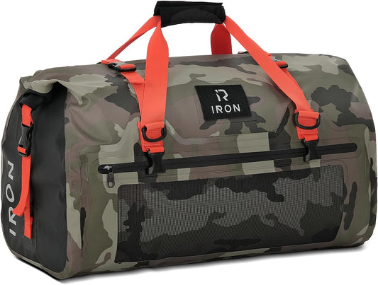 BORLENI Waterproof Motorcycle Dry Duffel Bag Luggage Tail Bag with Large Storage Space,Roll Top Closure, Shoulder Straps, Inner Pocket and Mesh Pocket for Motorcycling Travel Camping(Camouflage,70L)