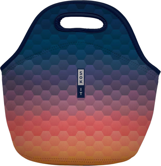 Sok It LunchTote Zippered Bag Insulated Neoprene Caddy (Hexagon Sunset, Large 4.5 Quart Lunch Tote)