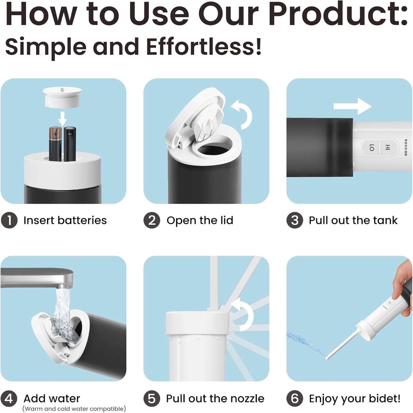 VOVO Go Portable Electric Bidet for Travel - 2 Adjustable Pressure Settings, Compact Handheld Bidet, Ideal for Personal Hygiene & Postpartum Care, Lightweight & Leak-Proof Design - 140ml, Black