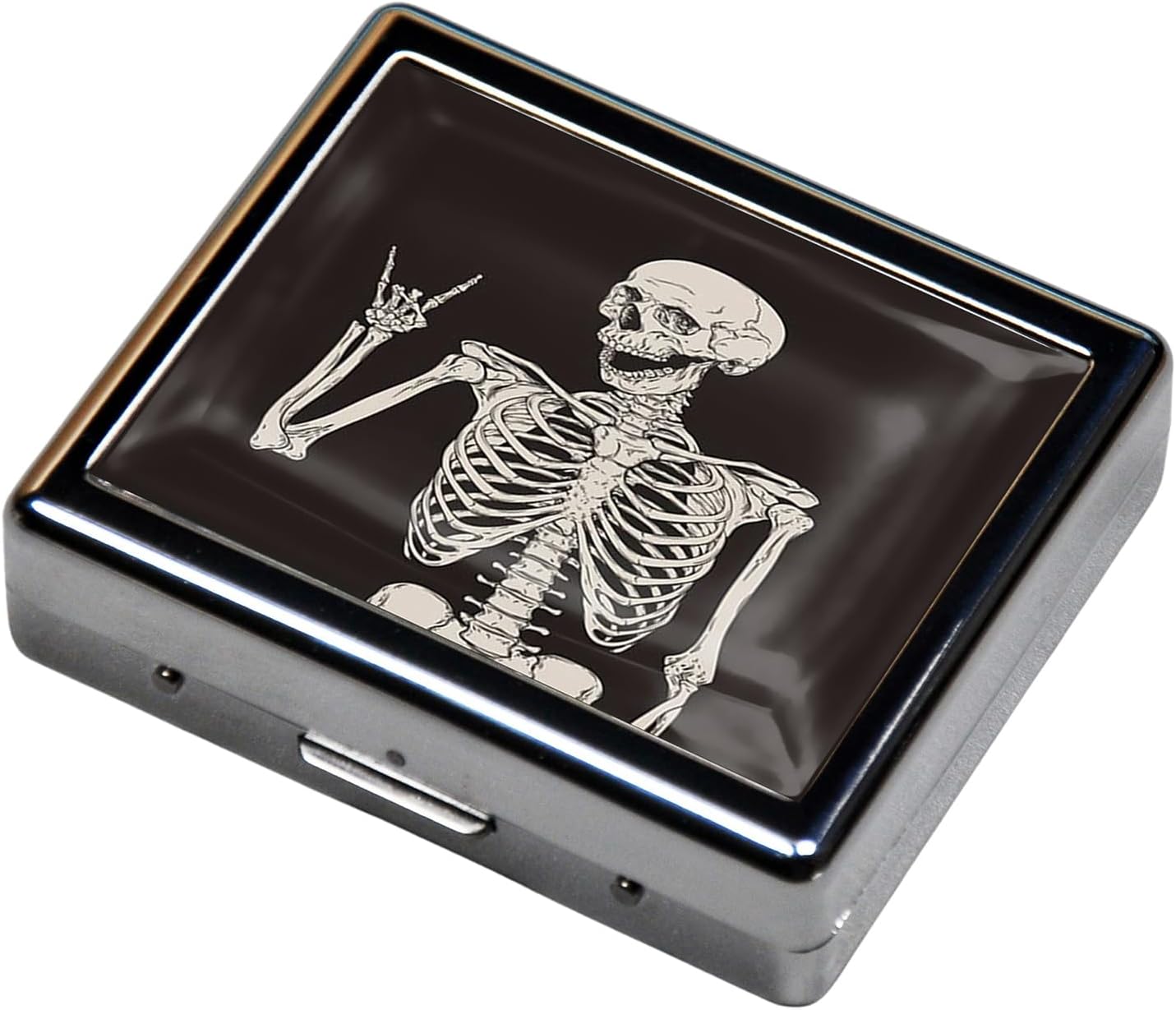 Silver Vintage Pill Box 7 Day Metal Pill Box with Mirror and 8 Compartments Cute Travel Pill Organizer for Purse (Rock and Roll Skull Skeleton)