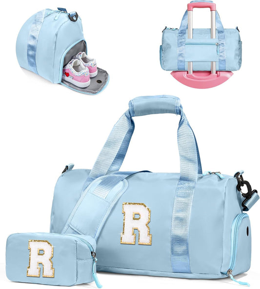 Easter Gifts for Kids-Girl Gym Bag with Shoe Compartment, Kid Personalized Weekender Overnight Bags, Initial Travel Tote with Makeup Pouch, Valentines Day Gift for Girls (Letter R)