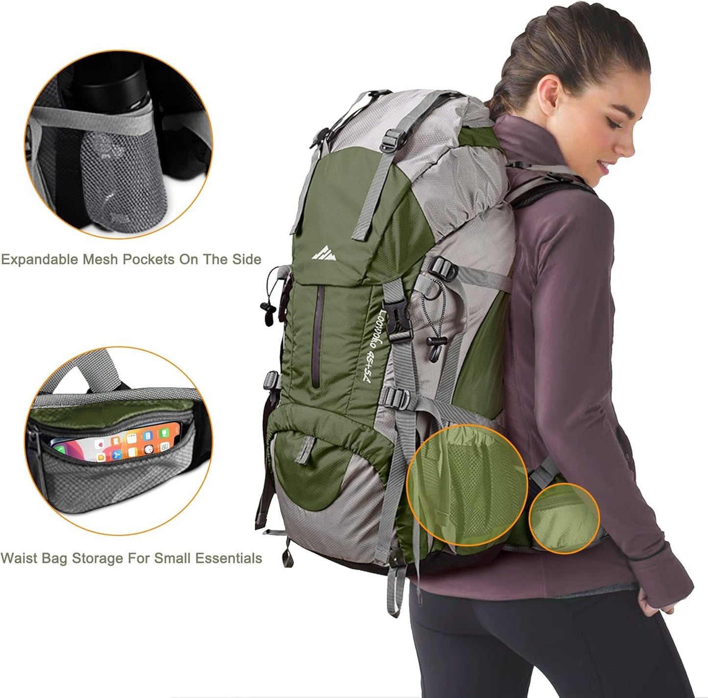 Loowoko 50L Hiking Backpack, Waterproof Camping Essentials Bag with Rain Cover, 45+5 Liter Lightweight Backpacking Back Pack