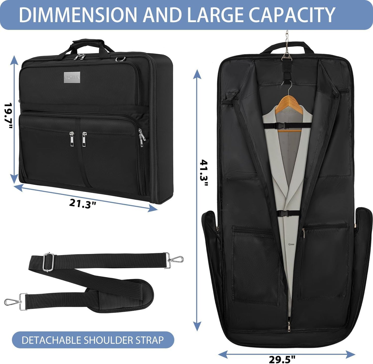 AKOZLIN Travel Luggage Garment Bag Foldable Hanging Suit Bag with Shoulder Strap For Men Women Business Black