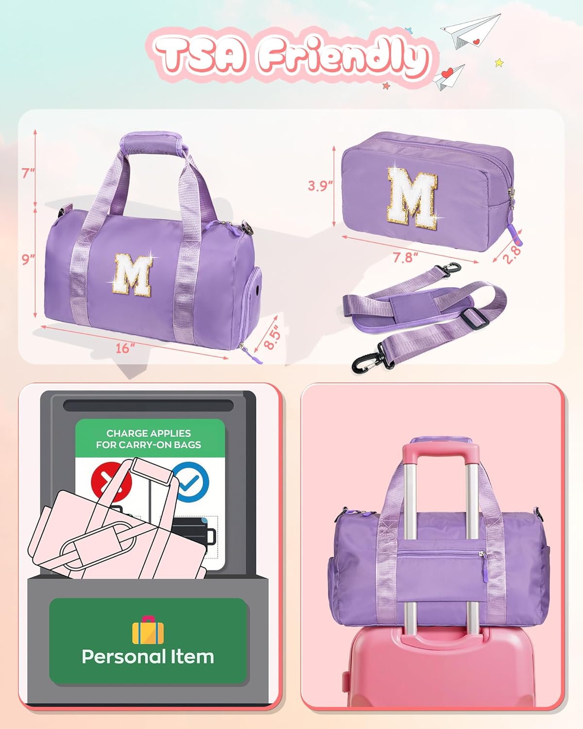 Cool Stuff for Teen-Girl Gym Bag with Shoe Compartment, Kid Personalized Weekender Overnight Bags, Initial Travel Tote with Makeup Pouch, Gift for 7 8 9 10 11 12 Year Old Girls (Letter S)