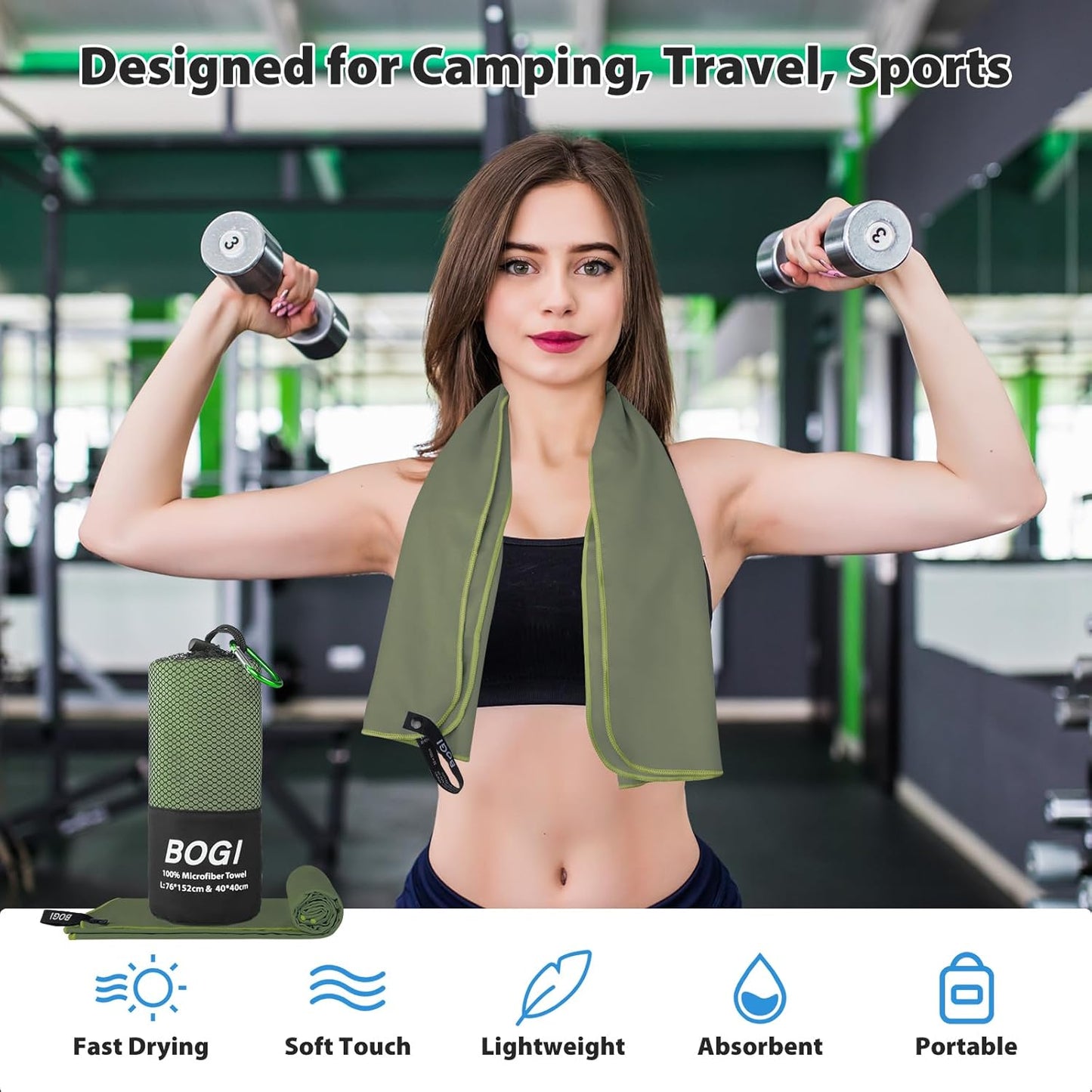 BOGI Microfiber Travel Sports Towel-Quick Dry Travel Towel,Soft Lightweight Absorbent Compact for Camping Gym Beach Bath Yoga Swimming Backpacking (XL:72''x32''+16''x16''-AGreen)