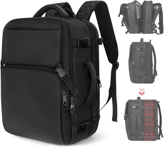 Travel Backpack Carry On Flight Approved, Lightweight Large Travel Backpack, Expandable with USB Charging Hole, Waterproof Causal Bookbag for Travel Work College Fits 17 inch Laptop, Black