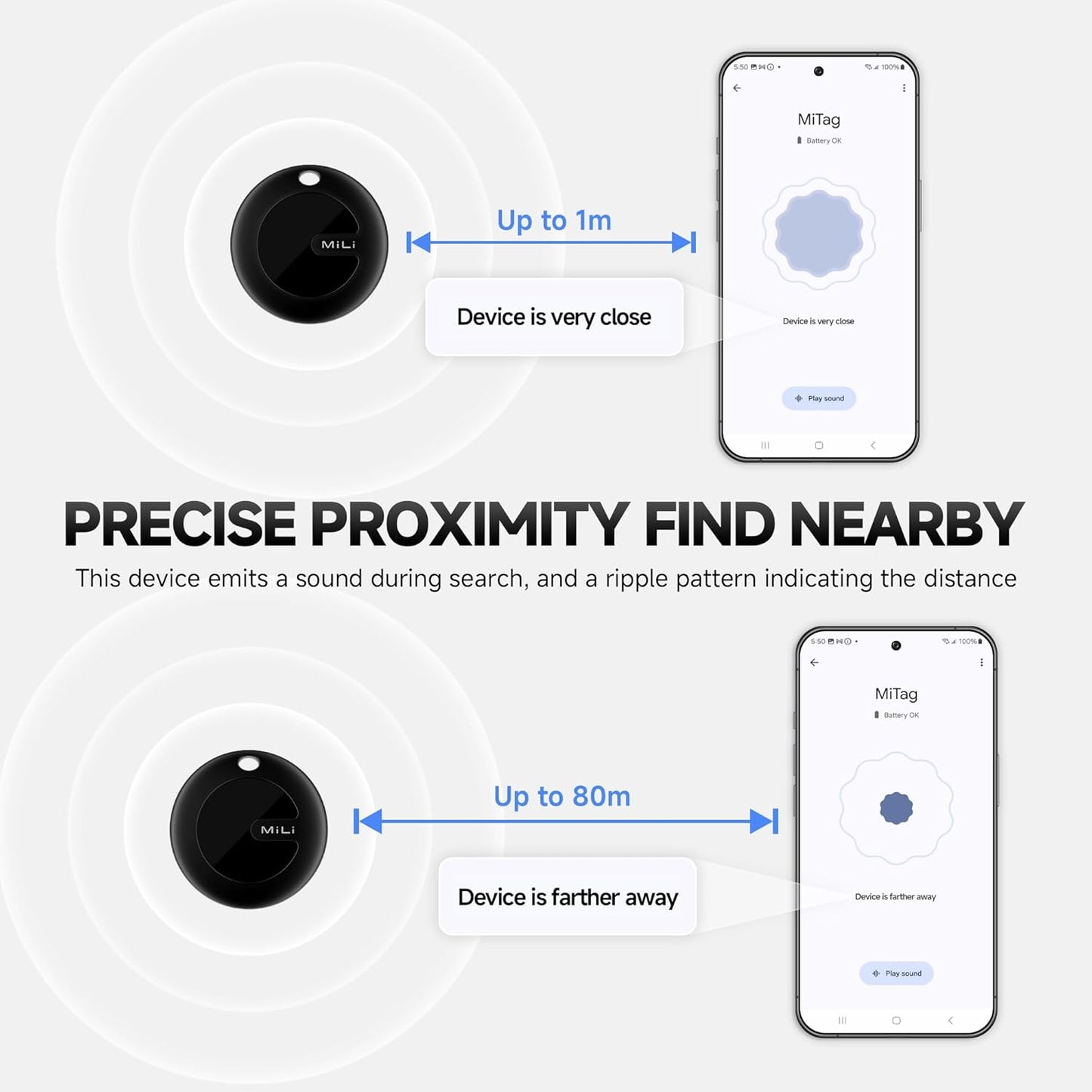 MiLi MiTag Bluetooth Tracker for Android, Google Certified Key Finder/Luggage Tracker/Item Locator, Smart Tracking Tag for Google Find My Device (Find Hub) App, 4 Pack