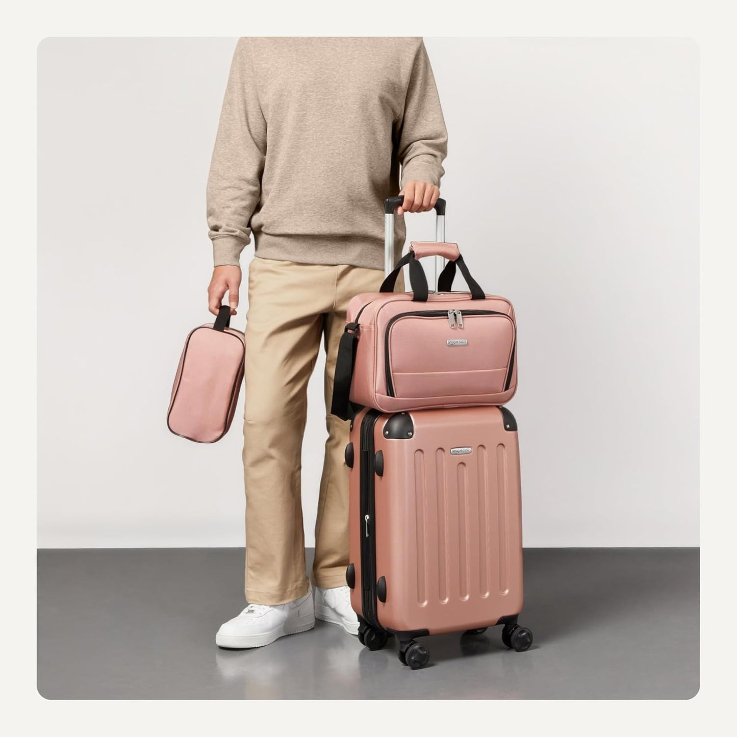 Amazon Basics 3-Piece Luggage Set, Including One Carry-On Luggage (22" Expandable Hardside Suitcase With 8 Spinner Wheels), One 15-inch Tote Bag, and One 10-inch Compact Travel Bag, Rose Gold