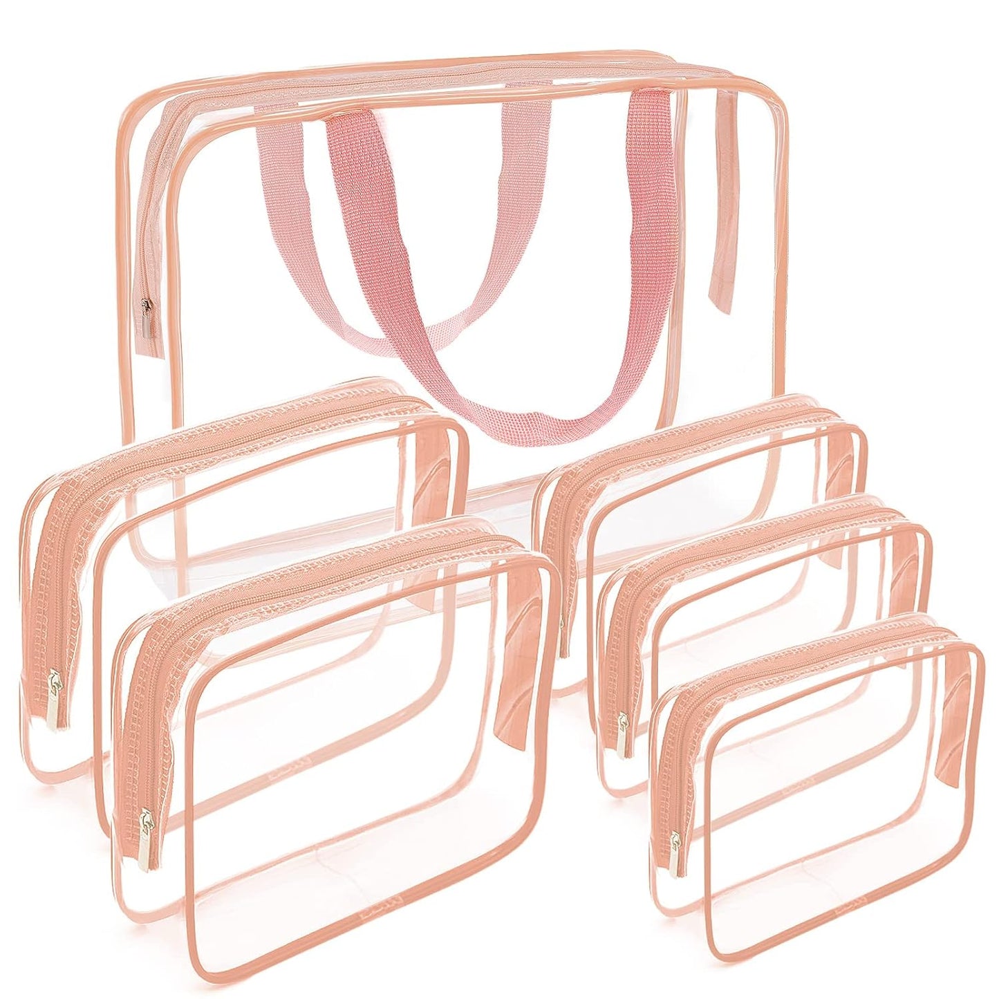 APREUTY Clear Makeup Bags, TSA Approved 6 Pcs Cosmetic Makeup Bags Set Clear PVC with Zipper Handle Portable Travel Luggage Pouch Airport Airline Vacation Organization (Pink)
